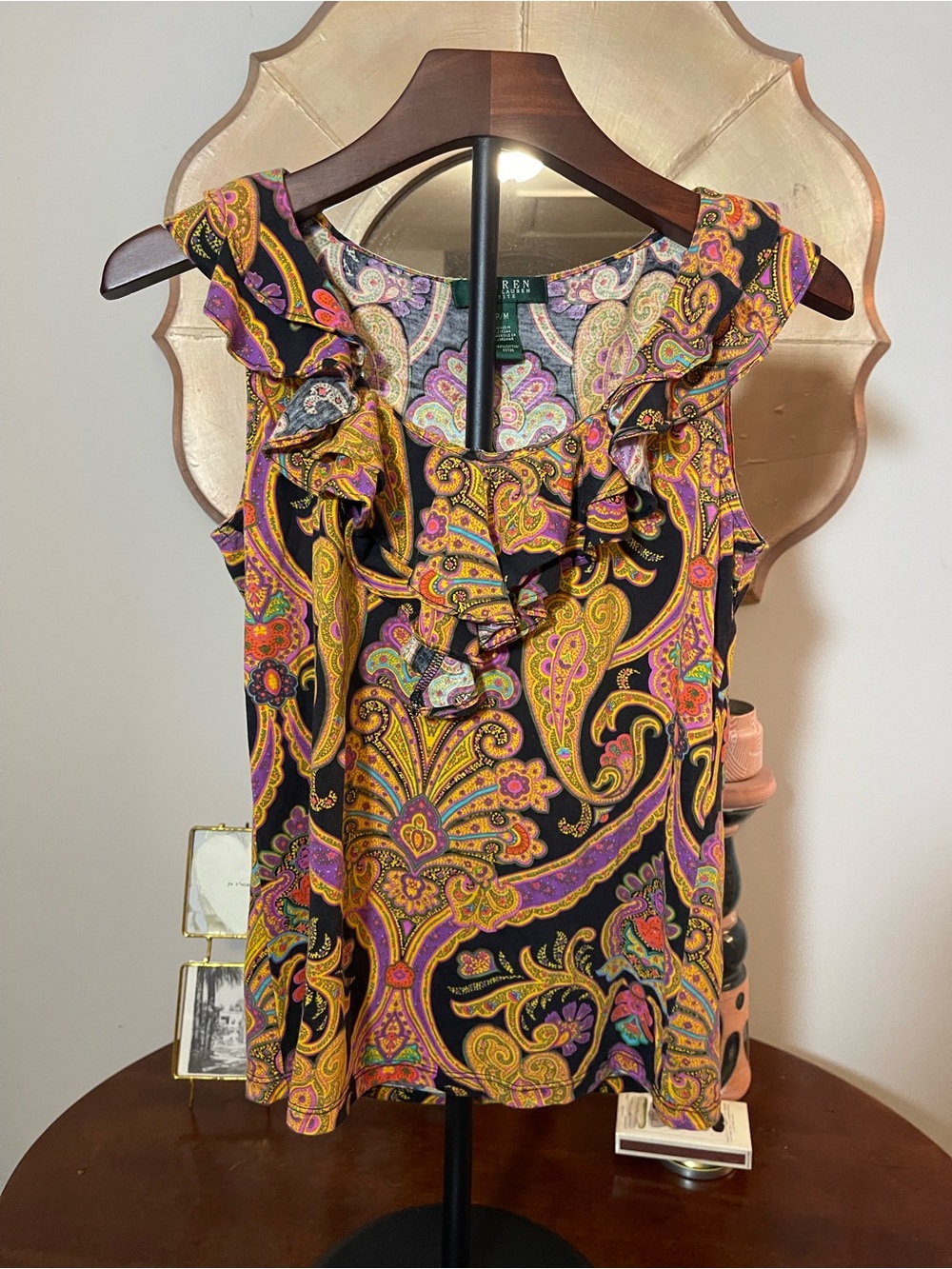 Lauren Ralph Lauren Purple & Yellow Paisley Ruffle Slvless Tank Equestrian Prep